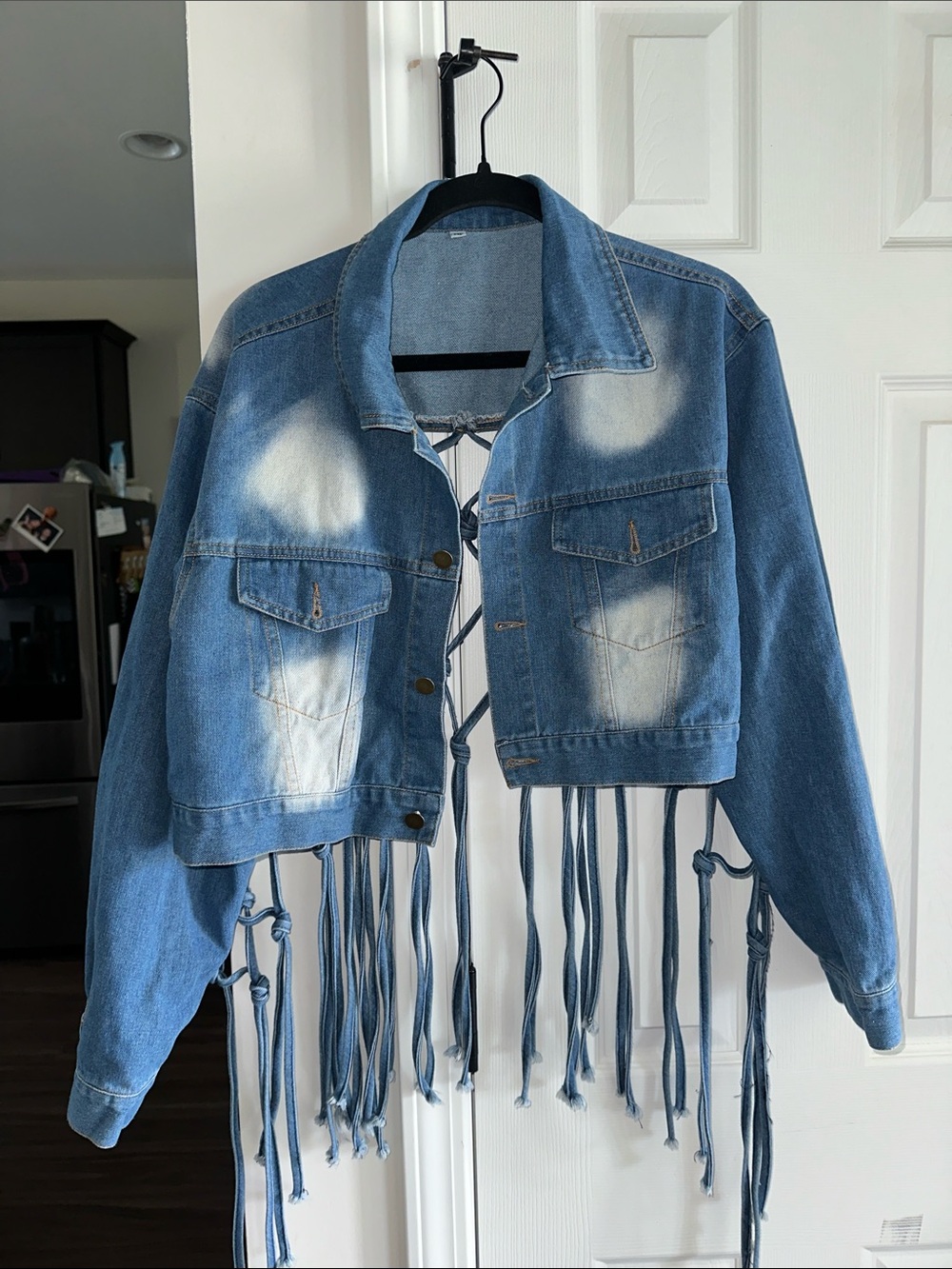 Women's Light Blue Cropped Denim Jacket with Fringe